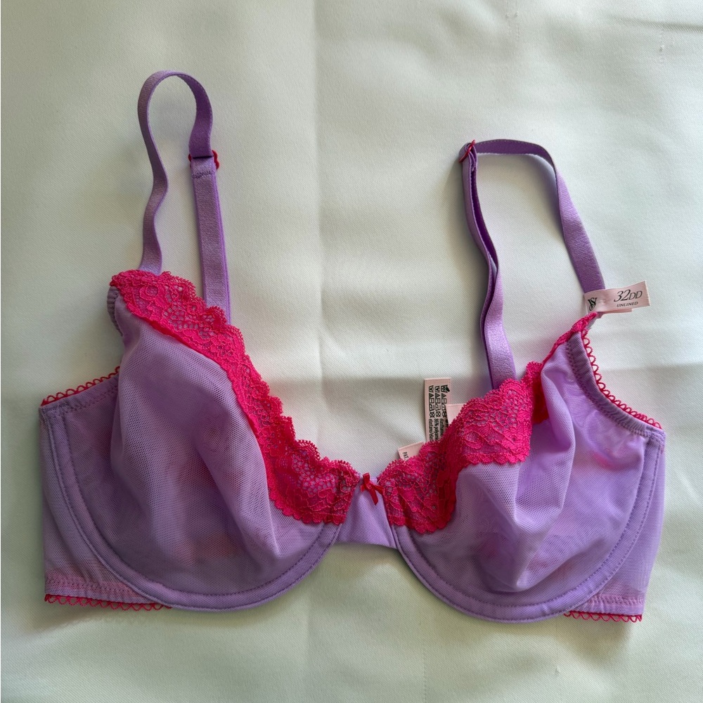 Victorias Secret Tease Unlined Demi Bra light purple Mesh Fuchsia Lace Trim NWT